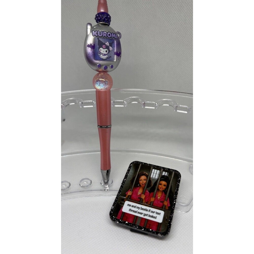 Handmade Kuromi Beadable Pen & “Text Thread Leaked” Chip Clip Set